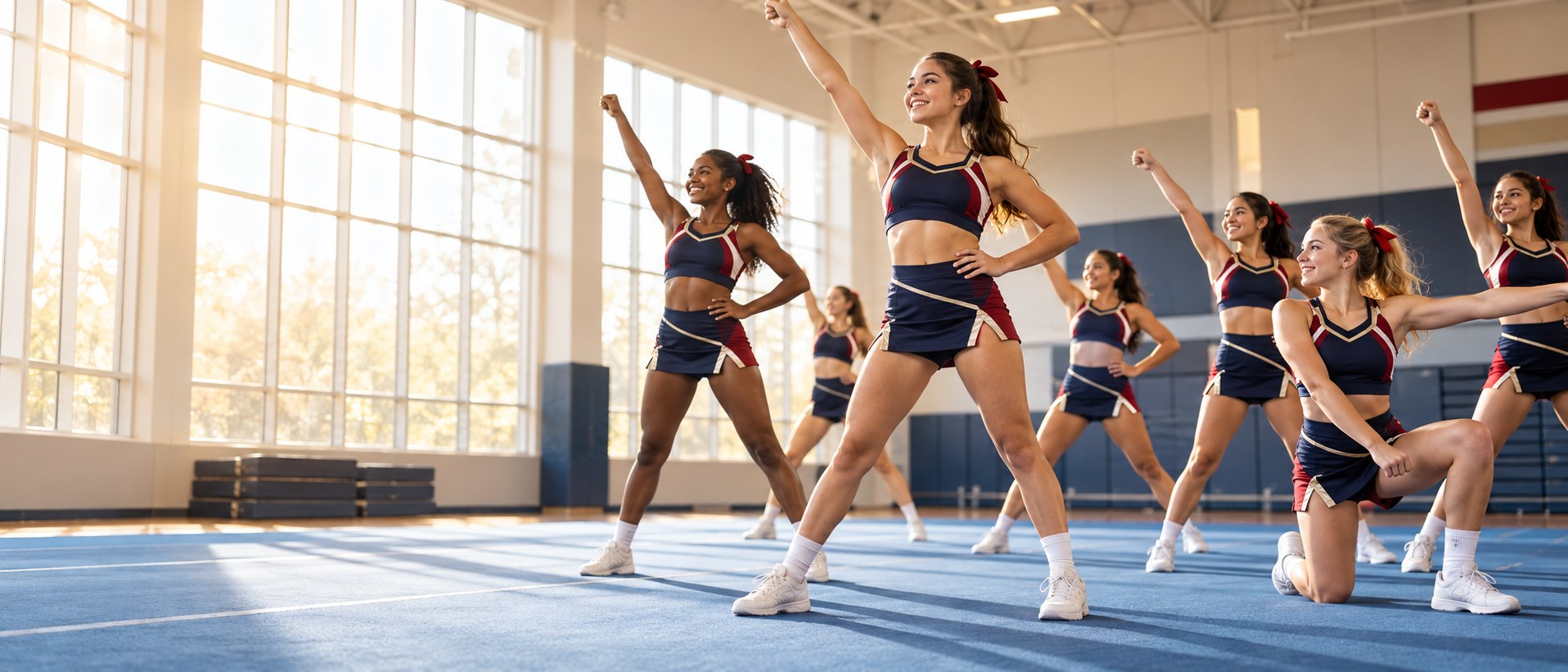 Young cheer athletes practicing a synchronized formation in a bright gym