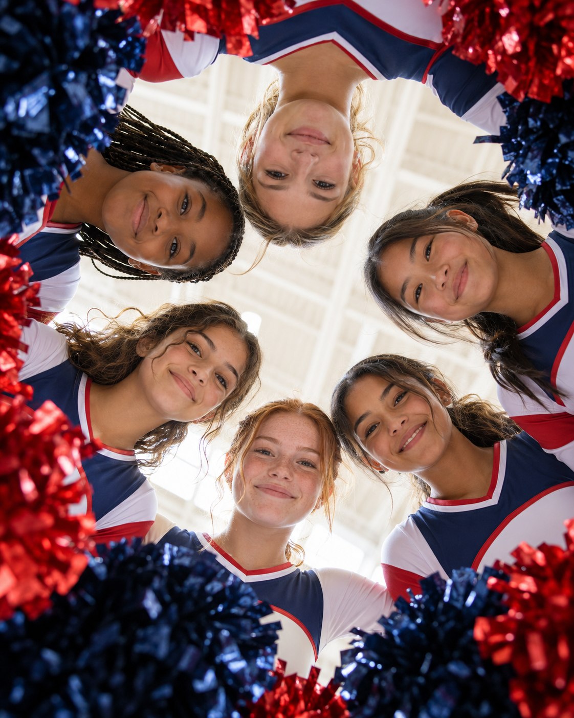 Cheer athletes gathered in a team circle
